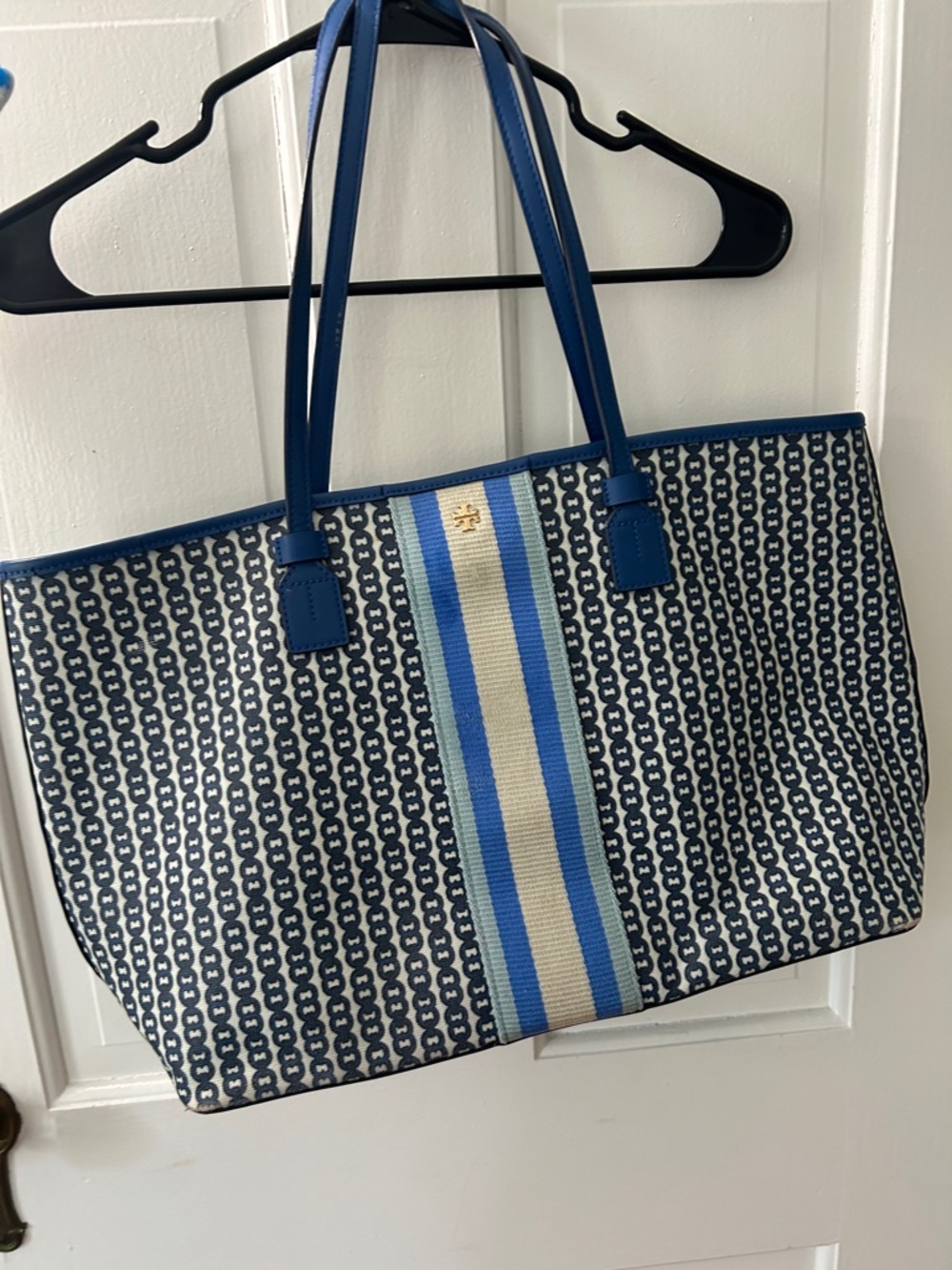 Tory Burch Navy and Cream Stripe Logo-Print Tote